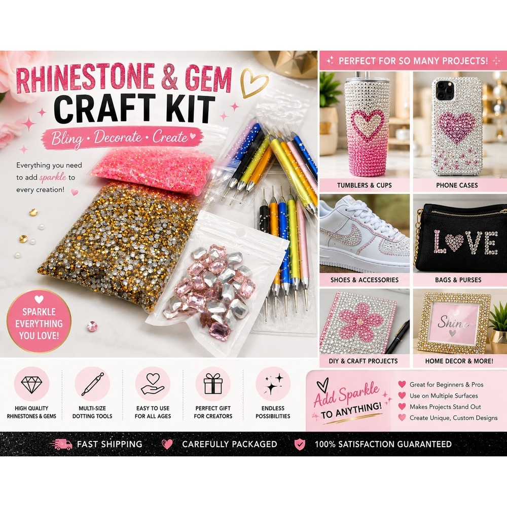 Rhinestone Gem Craft Kit Dotting Tools Pink Gold Crystals Nail Art DIY Bling